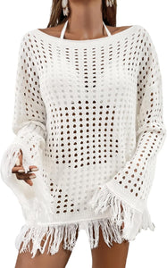 Summer Crochet Beige Fringe Long Sleeve Cover Up Top