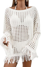 Load image into Gallery viewer, Summer Crochet White Fringe Long Sleeve Cover Up Top