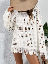 Load image into Gallery viewer, Summer Crochet Beige Fringe Long Sleeve Cover Up Top