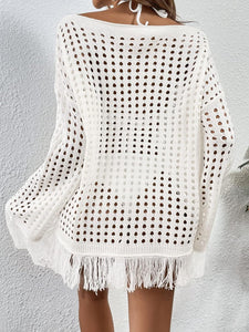 Summer Crochet Black Fringe Long Sleeve Cover Up Top