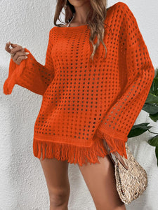 Summer Crochet White Fringe Long Sleeve Cover Up Top