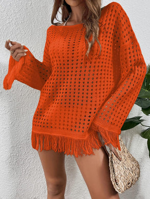 Summer Crochet Orange Fringe Long Sleeve Cover Up Top