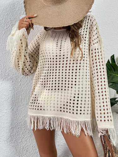 Summer Crochet Beige Fringe Long Sleeve Cover Up Top