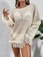 Load image into Gallery viewer, Summer Crochet Orange Fringe Long Sleeve Cover Up Top