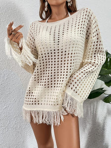Summer Crochet Beige Fringe Long Sleeve Cover Up Top