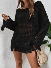 Load image into Gallery viewer, Summer Crochet Black Fringe Long Sleeve Cover Up Top