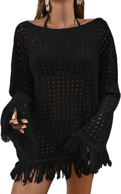 Summer Crochet Black Fringe Long Sleeve Cover Up Top