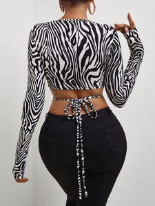 Zebra Striped Long Sleeve Wrap Top