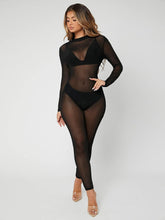 Load image into Gallery viewer, Black Mesh Mock Neck Long Sleeve Bodycon Jumpsuit