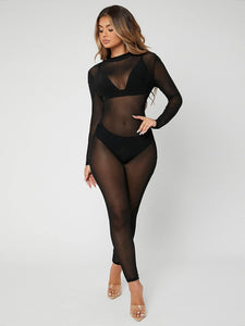 Black Mesh Mock Neck Long Sleeve Bodycon Jumpsuit