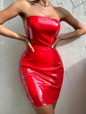Strapless Red Faux Leather Bodycon Mini Dress