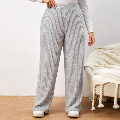 Plus Size Grey Elastic Ribbed Hgh Waist Pants