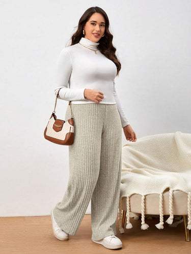 Plus Size Beige Elastic Ribbed Hgh Waist Pants