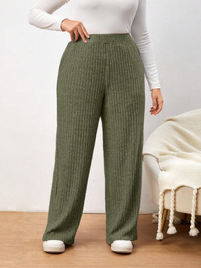 Plus Size Green Elastic Ribbed Hgh Waist Pants