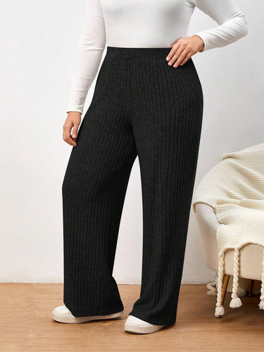 Plus Size Black Elastic Ribbed Hgh Waist Pants