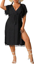 Load image into Gallery viewer, Plus Size Black Short Sleeve Tassel Beach Cover Up