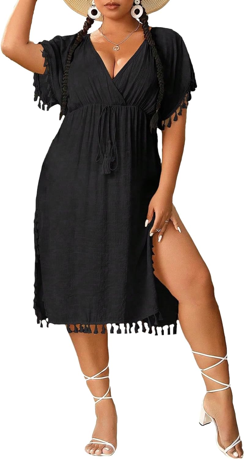 Plus Size Black Short Sleeve Tassel Beach Cover Up