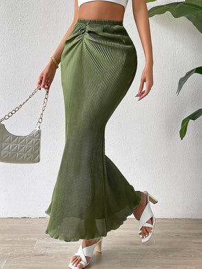 Chic Pleated Knot Green Flare Maxi Skirt