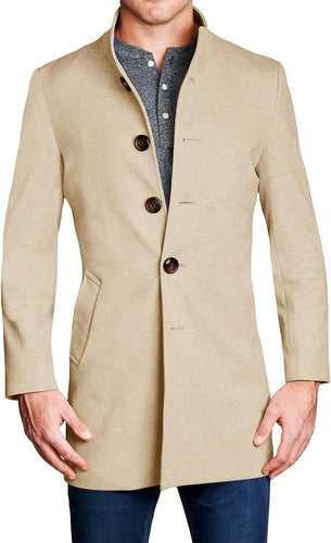 Men's High Quality Khaki Wool Blend Long Sleeve Lapel Pea Coat