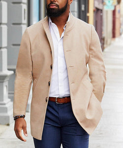 Men's High Quality Khaki Wool Blend Long Sleeve Lapel Pea Coat