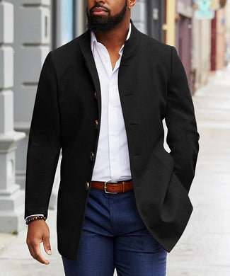 Men's High Quality Black Wool Blend Long Sleeve Lapel Pea Coat