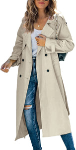 Classic Double Breasted Windproof Lapel Slim Red Trench Coat with Belt