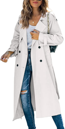 Double Breasted Windproof Belted Lapel Long Khaki Trench Coat