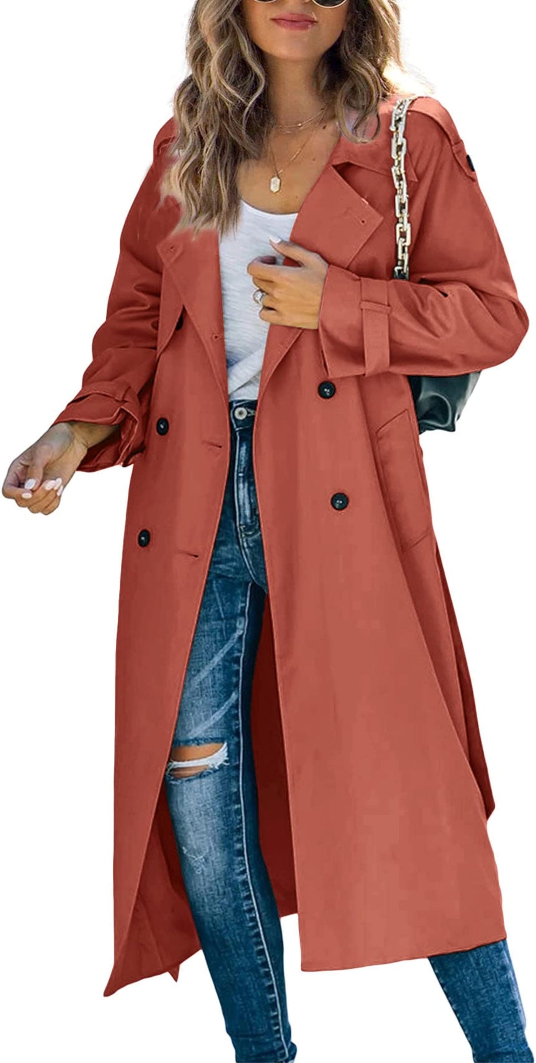 Classic Double Breasted Windproof Lapel Slim Red Trench Coat with Belt