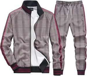 Men's Grey/Yellow Checkered Jacket/Pants Sweatsuit Tracksuit