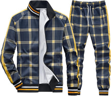 Load image into Gallery viewer, Men&#39;s Grey/Yellow Checkered Jacket/Pants Sweatsuit Tracksuit