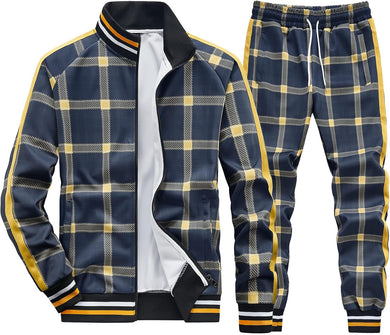 Men's Navy/Yellow Checkered Jacket/Pants Sweatsuit Tracksuit