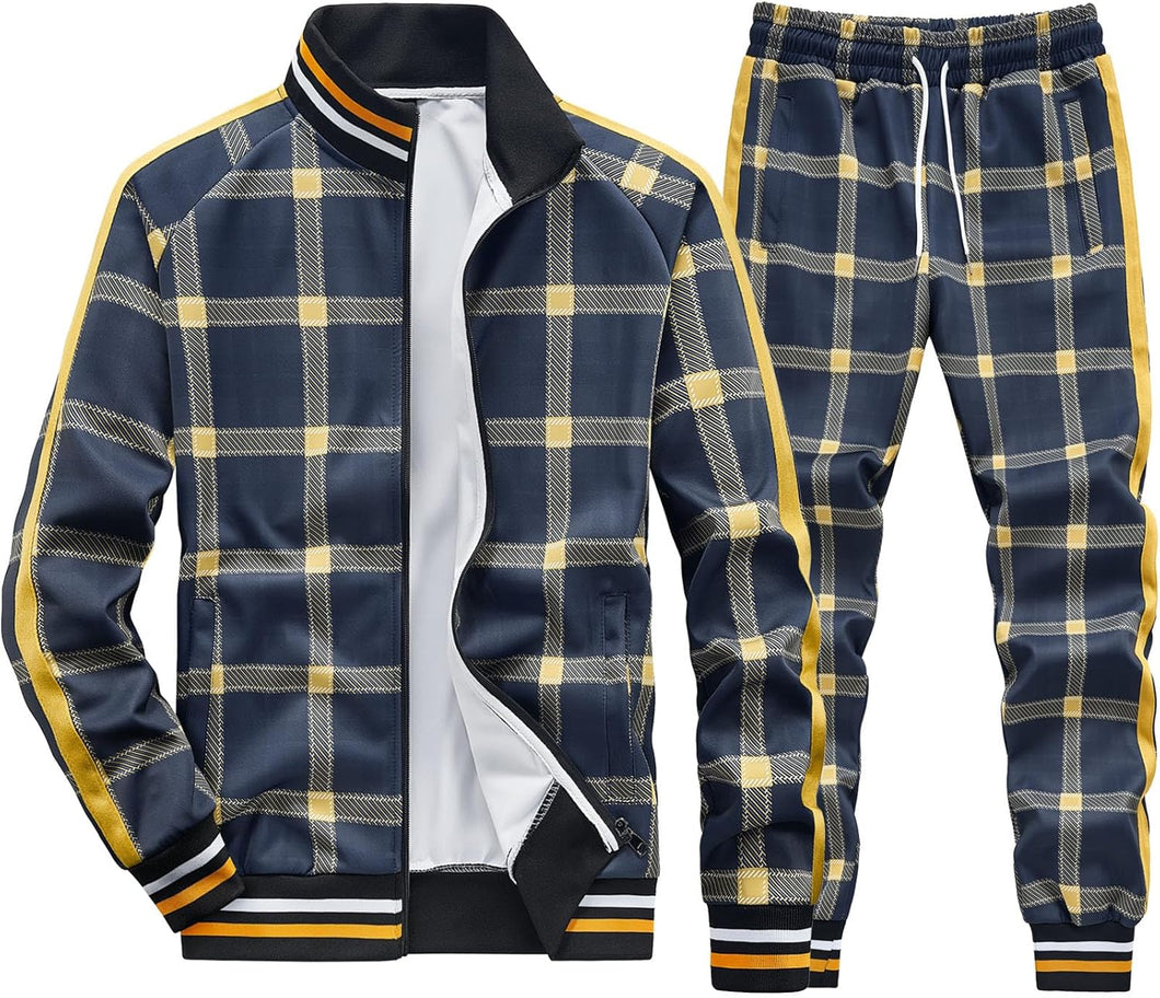 Men's Navy/Yellow Checkered Jacket/Pants Sweatsuit Tracksuit