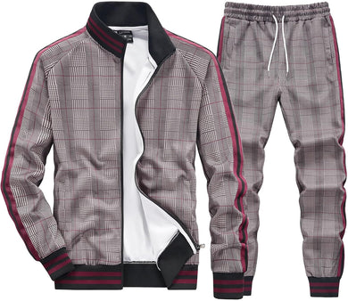 Men's Grey/Red Checkered Jacket/Pants Sweatsuit Tracksuit