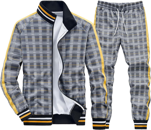 Men's Grey/Yellow Checkered Jacket/Pants Sweatsuit Tracksuit