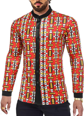 Men's Orange African Print Long Sleeve Printed Shirt