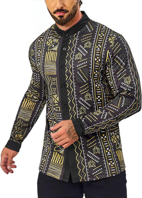 Men's Black African Print Long Sleeve Printed Shirt