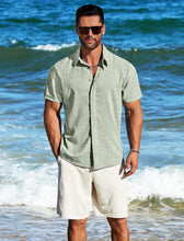 Load image into Gallery viewer, Men&#39;s Sage Green Linen Button Front Short Sleeve Shirt