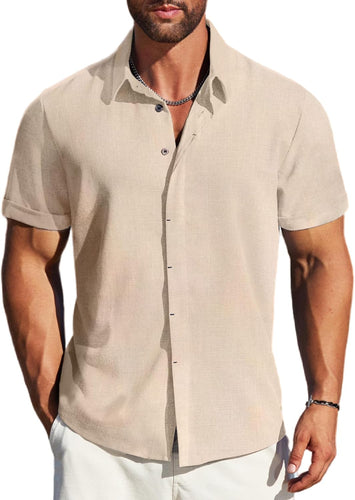 Men's Khaki Linen Button Front Short Sleeve Shirt