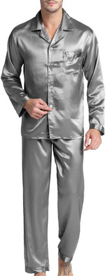 Men's Satin Silver Grey Button Front Pajamas Set