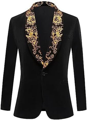 Men's Black Long Sleeve Gold Embroidered Lapel Blazer