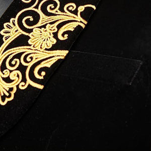 Men's Black Long Sleeve Gold Embroidered Lapel Blazer