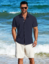 Load image into Gallery viewer, Men&#39;s Sage Green Linen Button Front Short Sleeve Shirt