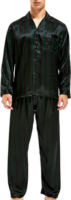 Men's Satin Emerald Green Striped Button Front Pajamas Set