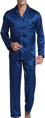 Men's Satin Blue Button Front Pajamas Set