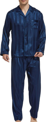 Men's Satin Navy Blue Button Front Pajamas Set