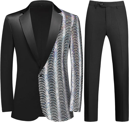 Men's Black & Silver Tuxedo Two Tone Sequin Blazer & Pants Suit