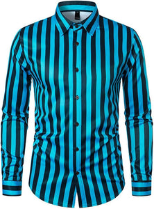 Men's Dark Blue Striped Button Down Long Sleeve Shirt