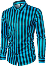 Load image into Gallery viewer, Men&#39;s Dark Blue Striped Button Down Long Sleeve Shirt