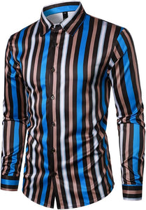 Men's Dark Blue Striped Button Down Long Sleeve Shirt