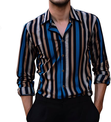 Men's Dark Blue Striped Button Down Long Sleeve Shirt